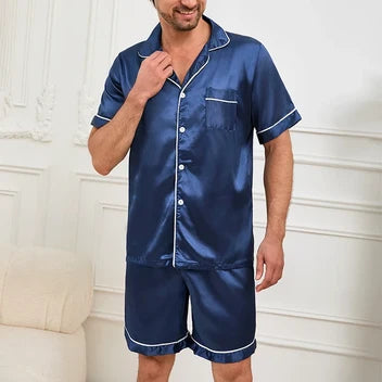 Summer Sleepwear for Men, Satin Short Sleeve Pajama Set, Button-Down Shirt & Elastic Waist Shorts Pajamas