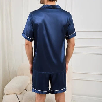 Summer Sleepwear for Men, Satin Short Sleeve Pajama Set, Button-Down Shirt & Elastic Waist Shorts Pajamas