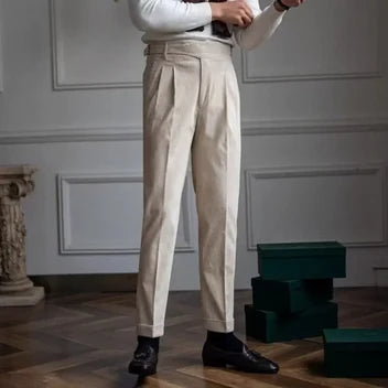 Mens Vintage Corduroy Trousers British Business Style High Waisted Straight Leg Pants Luxury Autumn Winter Casual