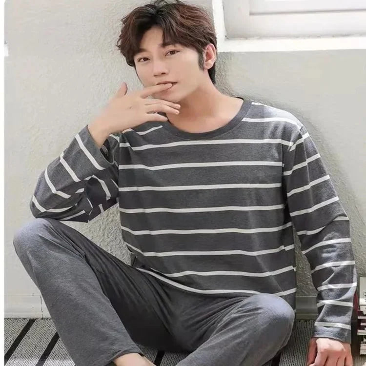 Men Striped Long Sleeve Pajama Set Spring Winter