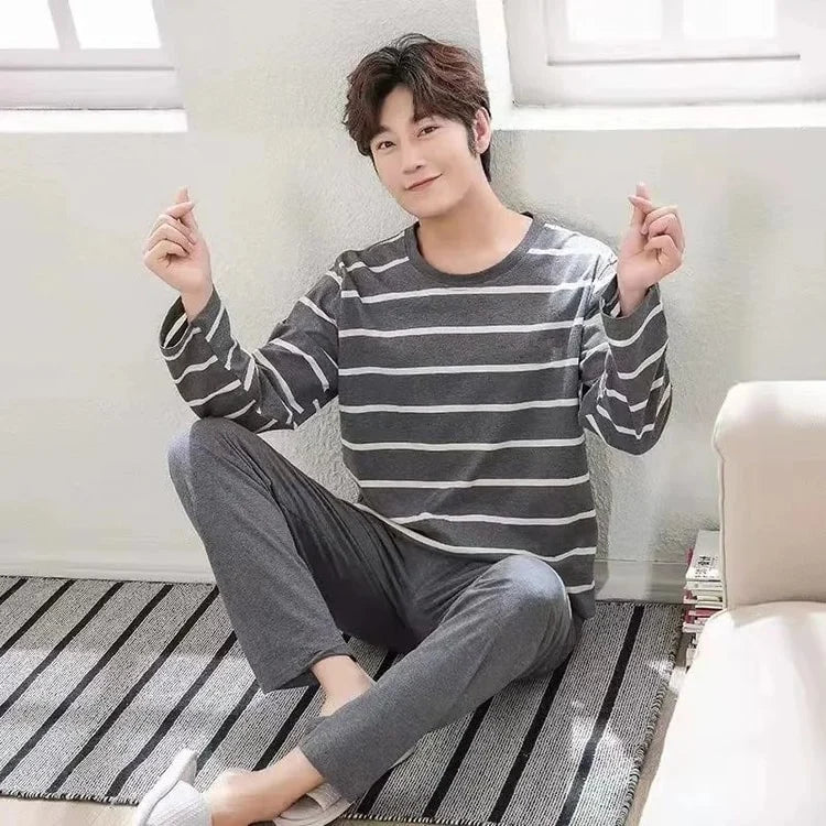 Men Striped Long Sleeve Pajama Set Spring Winter