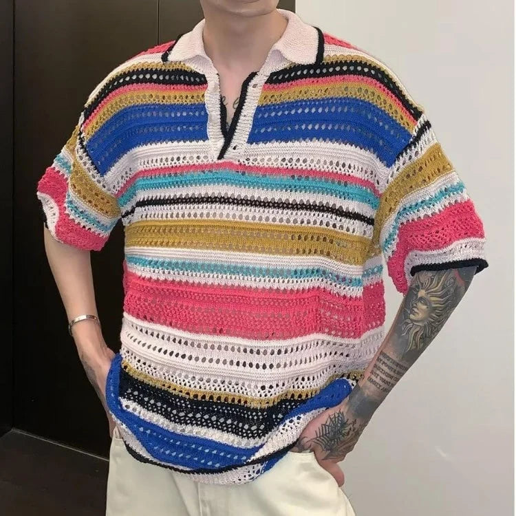 Men Knit Polo Shirt Lightweight Breathable Striped Summer Casual Beach Tee