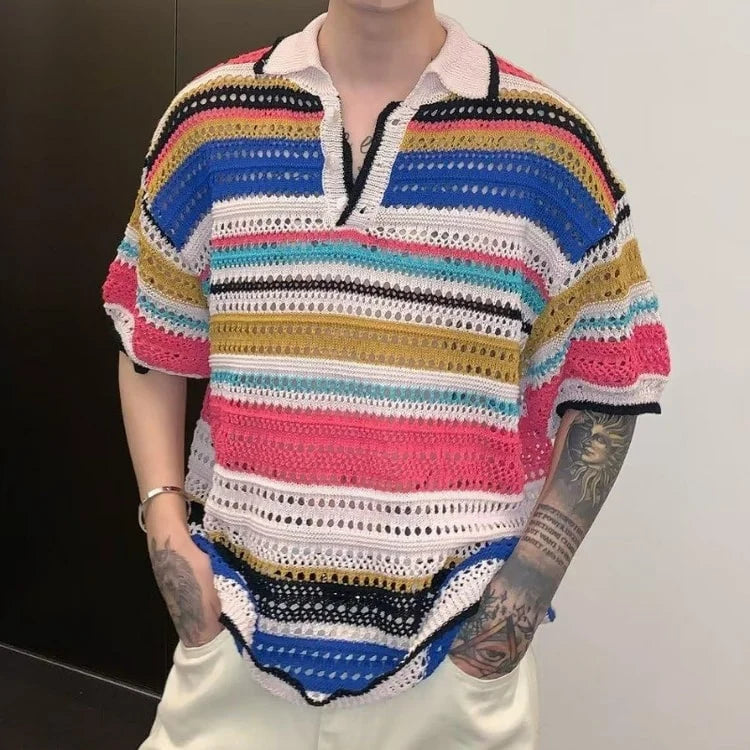 Men Knit Polo Shirt Lightweight Breathable Striped Summer Casual Beach Tee