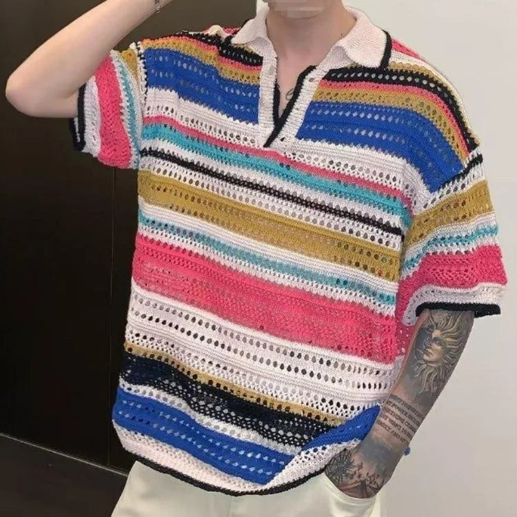 Men Knit Polo Shirt Lightweight Breathable Striped Summer Casual Beach Tee