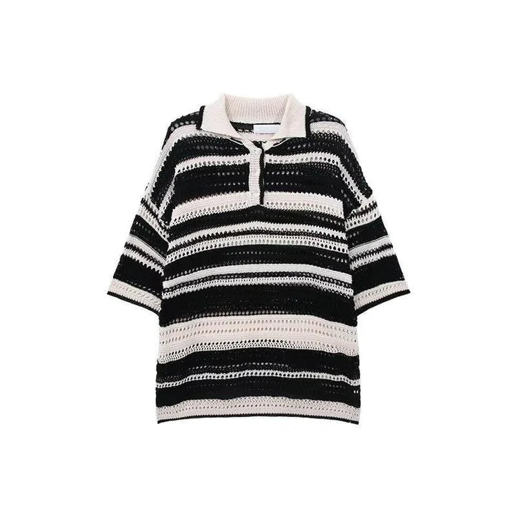 Men Knit Polo Shirt Lightweight Breathable Striped Summer Casual Beach Tee