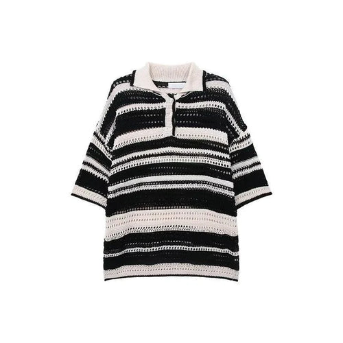 Men Knit Polo Shirt Lightweight Breathable Striped Summer Casual Beach Tee