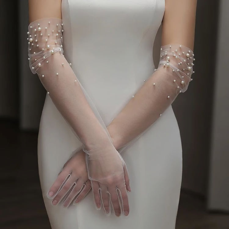 Pearl Beaded Opera Length Tulle Bridal Gloves