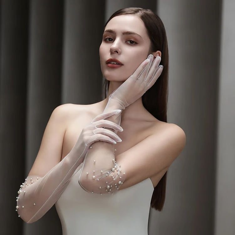 Pearl Beaded Opera Length Tulle Bridal Gloves