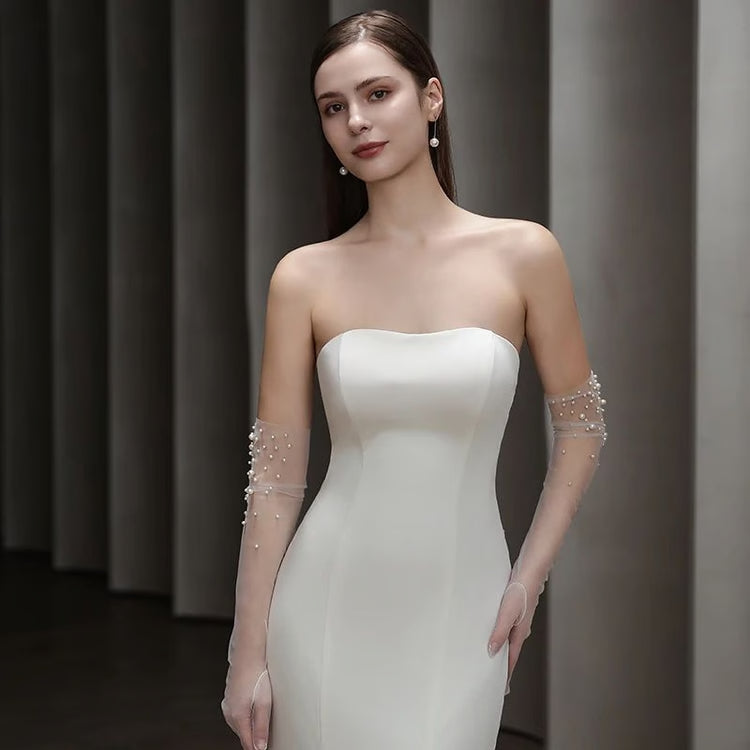 Pearl Beaded Opera Length Tulle Bridal Gloves