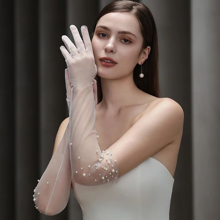 Pearl Beaded Opera Length Tulle Bridal Gloves