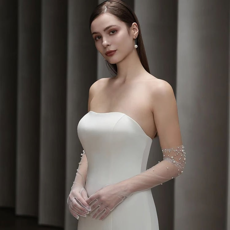 Pearl Beaded Opera Length Tulle Bridal Gloves
