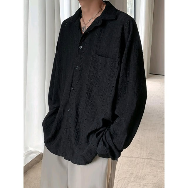 Men's Luxury Niche Shirt, Hollow Design Tweed Jacket, Trendy Loose Fit Long Sleeve Casual Vest