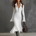Slim Fit Knit Dress with Zipper Lapel and Fishtail Hem