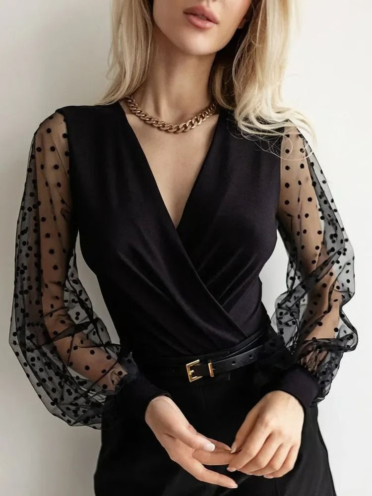 Polka Dot Mesh Bodysuit with Balloon Sleeves