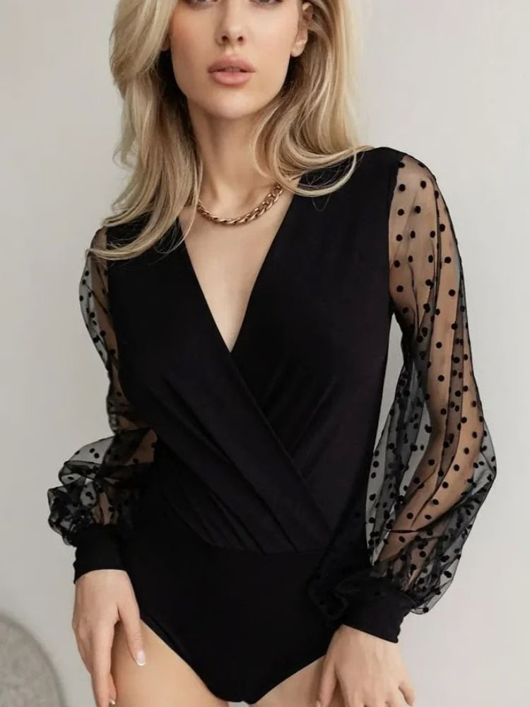 Polka Dot Mesh Bodysuit with Balloon Sleeves