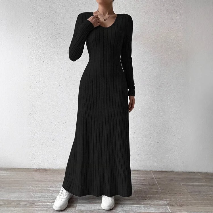 Knitted Long Sleeve A-Line Maxi Dress for Women