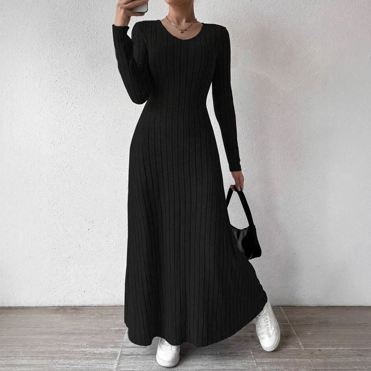 Knitted Long Sleeve A-Line Maxi Dress for Women
