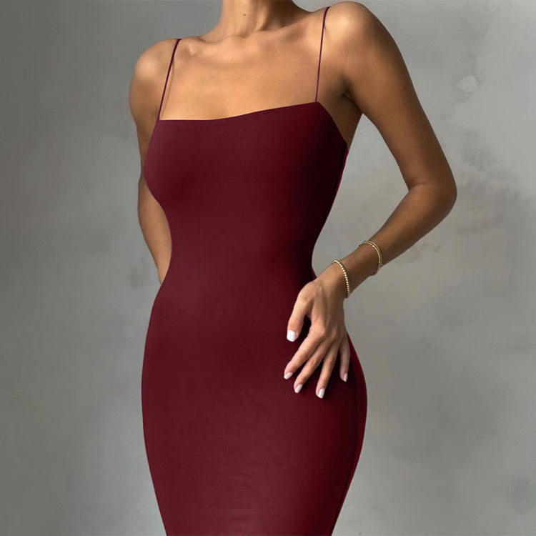 Women’s Solid Color Strap Midi Bodycon Dress