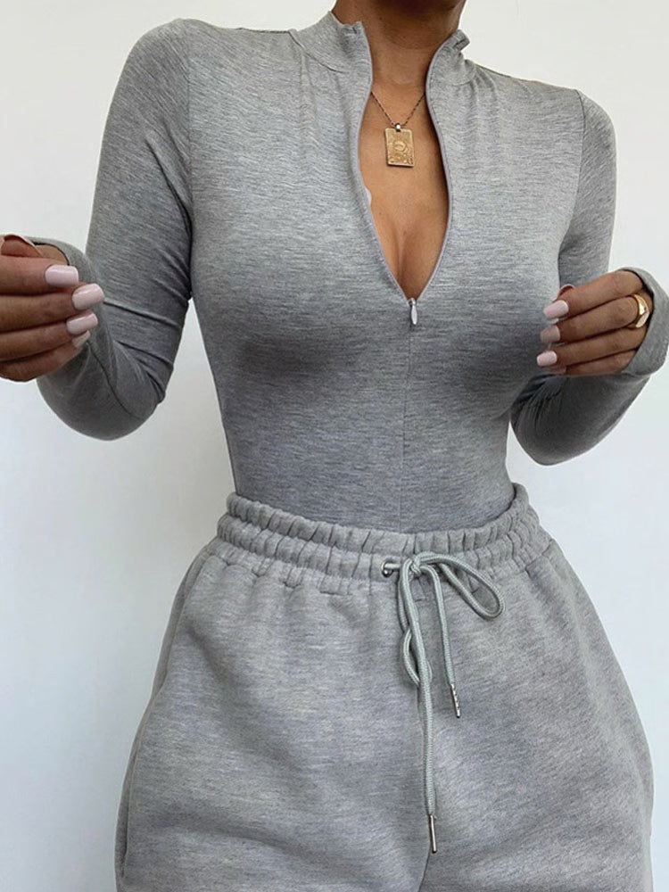 Gray Mock Neck Long Sleeve Bodysuit for Women