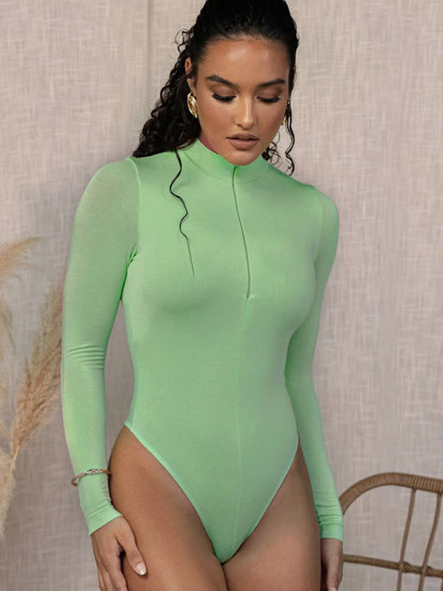 Gray Mock Neck Long Sleeve Bodysuit for Women